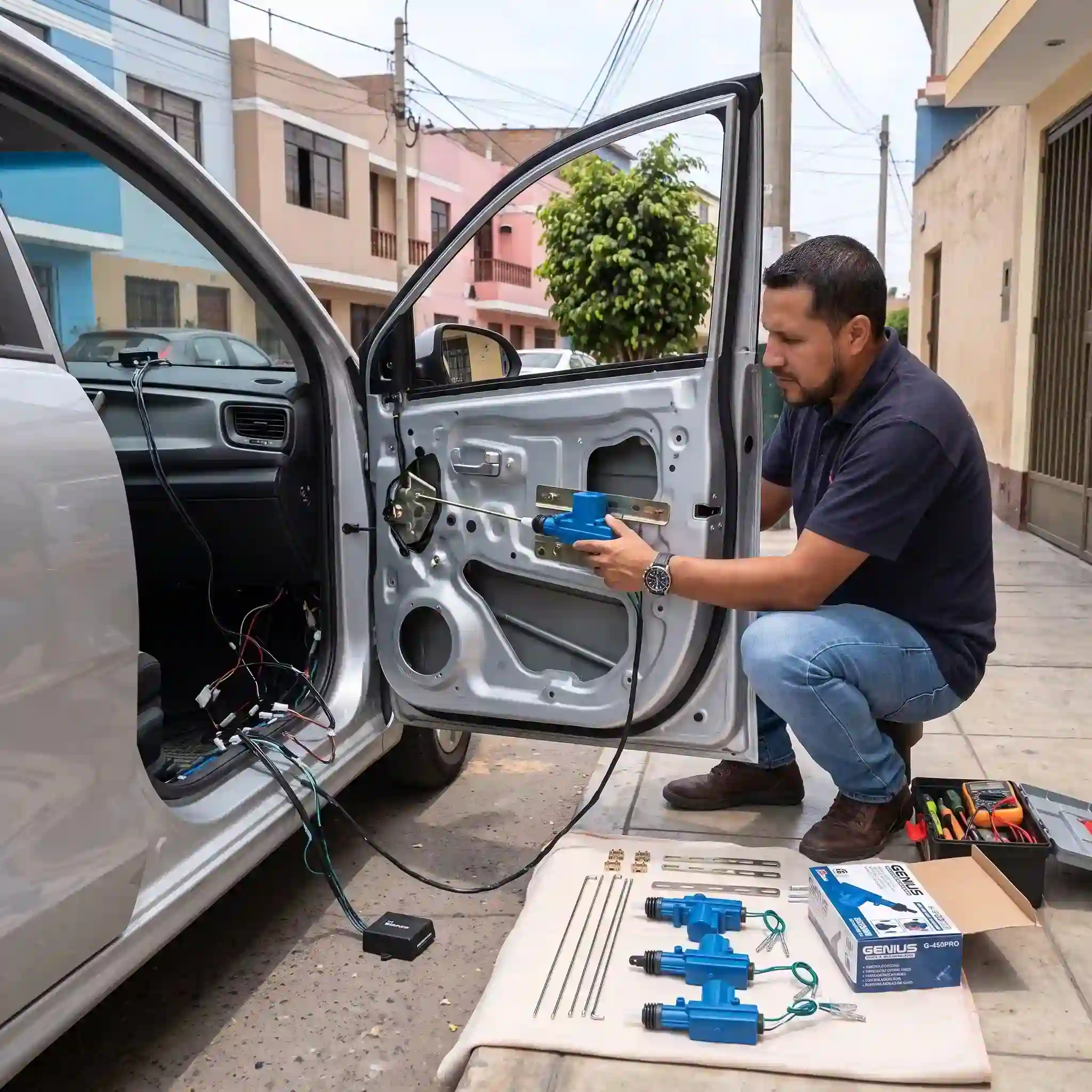 Técnico de Autobox instalando cierre centralizado a domicilio en Lima
